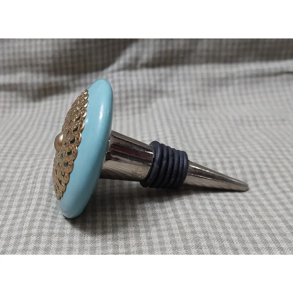 Vntg Sky Blue Turquoise w/ Goldtone Fillagree Inlay Ceramic Cork Wine Stopper